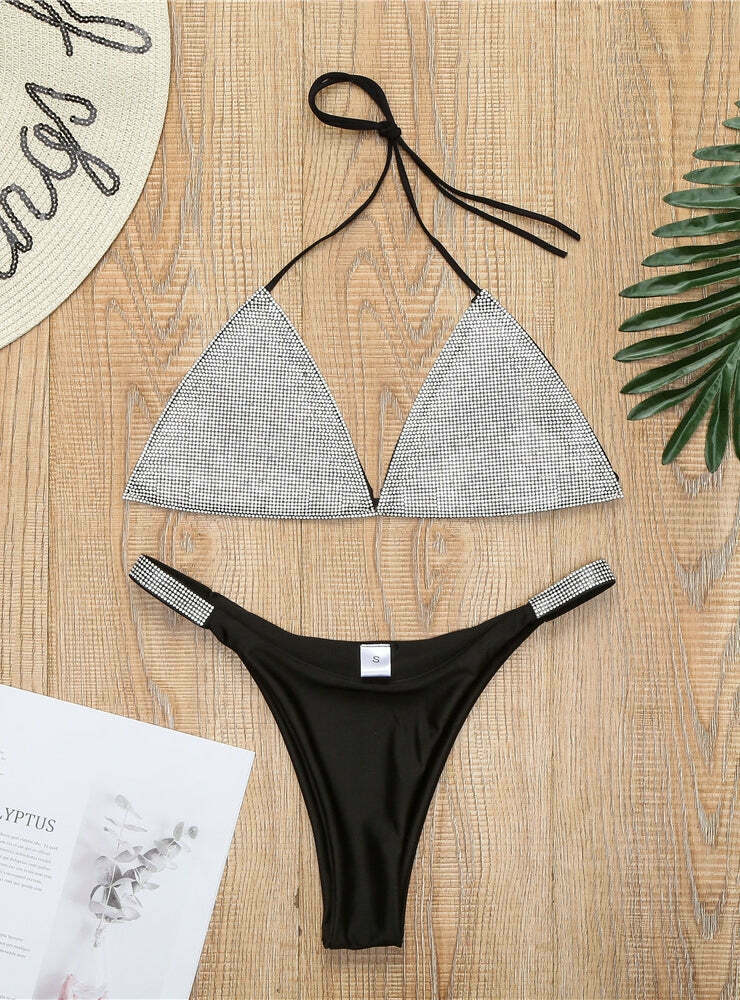 Y2K Aesthetic Solid Color Diamond Rhinestone Split Swimsuit