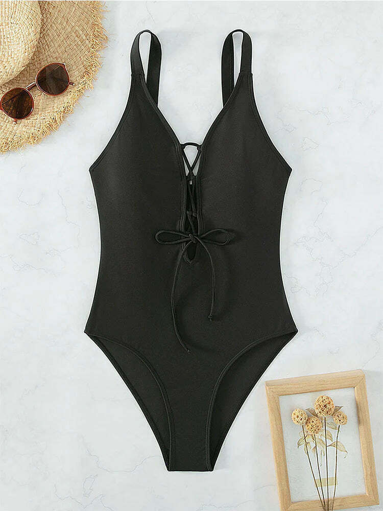 Y2K Aesthetic Solid Color Drawstring Swimsuit for Women - Coquette Style Grunge Outfits