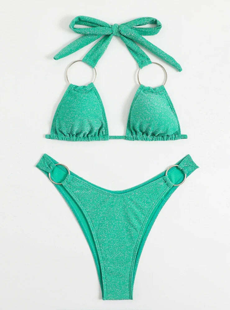 Y2K Aesthetic Solid Color Halter Bikini - Coquette & Grunge Style Women's Fashion