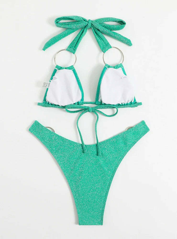 Y2K Aesthetic Solid Color Halter Bikini - Coquette & Grunge Style Women's Fashion