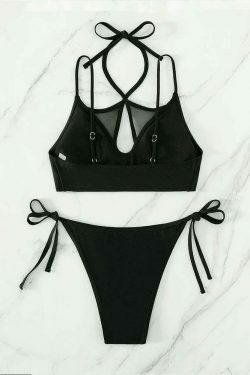 Y2K Aesthetic Solid Color Halter Bikini - Coquette Fashion for Women
