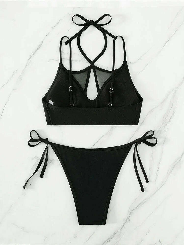 Y2K Aesthetic Solid Color Halter Bikini - Coquette Fashion for Women