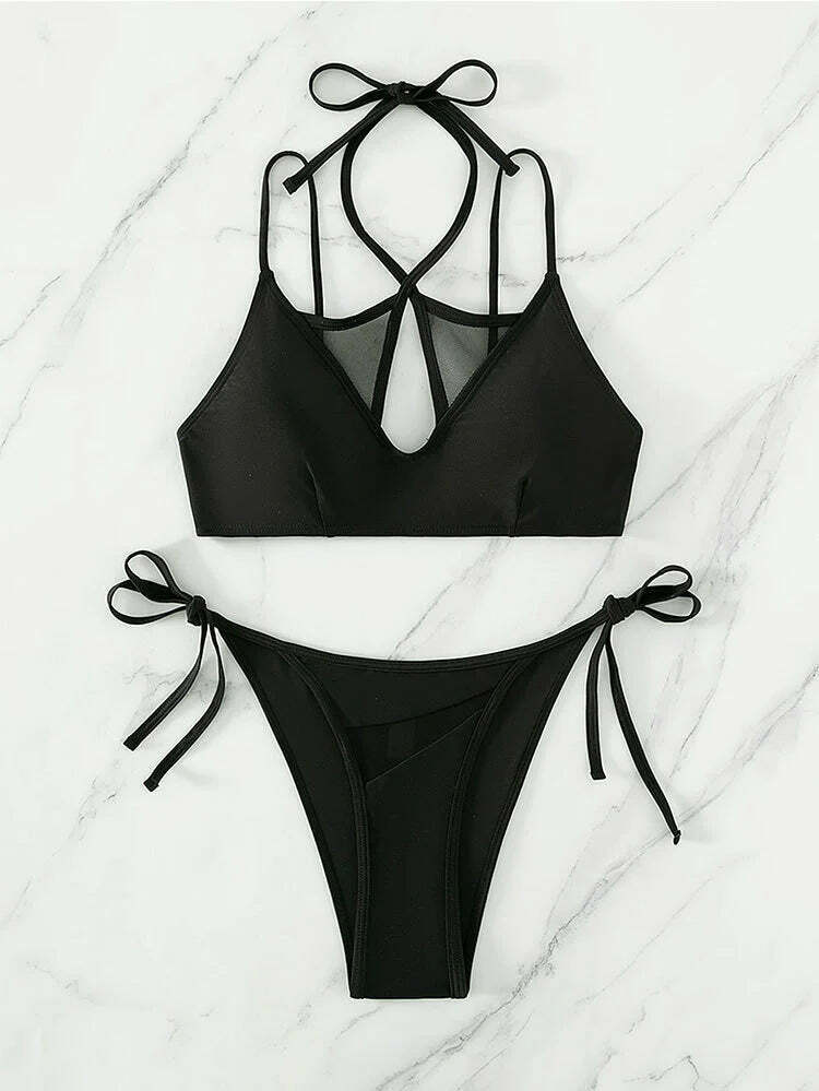 Y2K Aesthetic Solid Color Halter Bikini - Coquette Fashion for Women