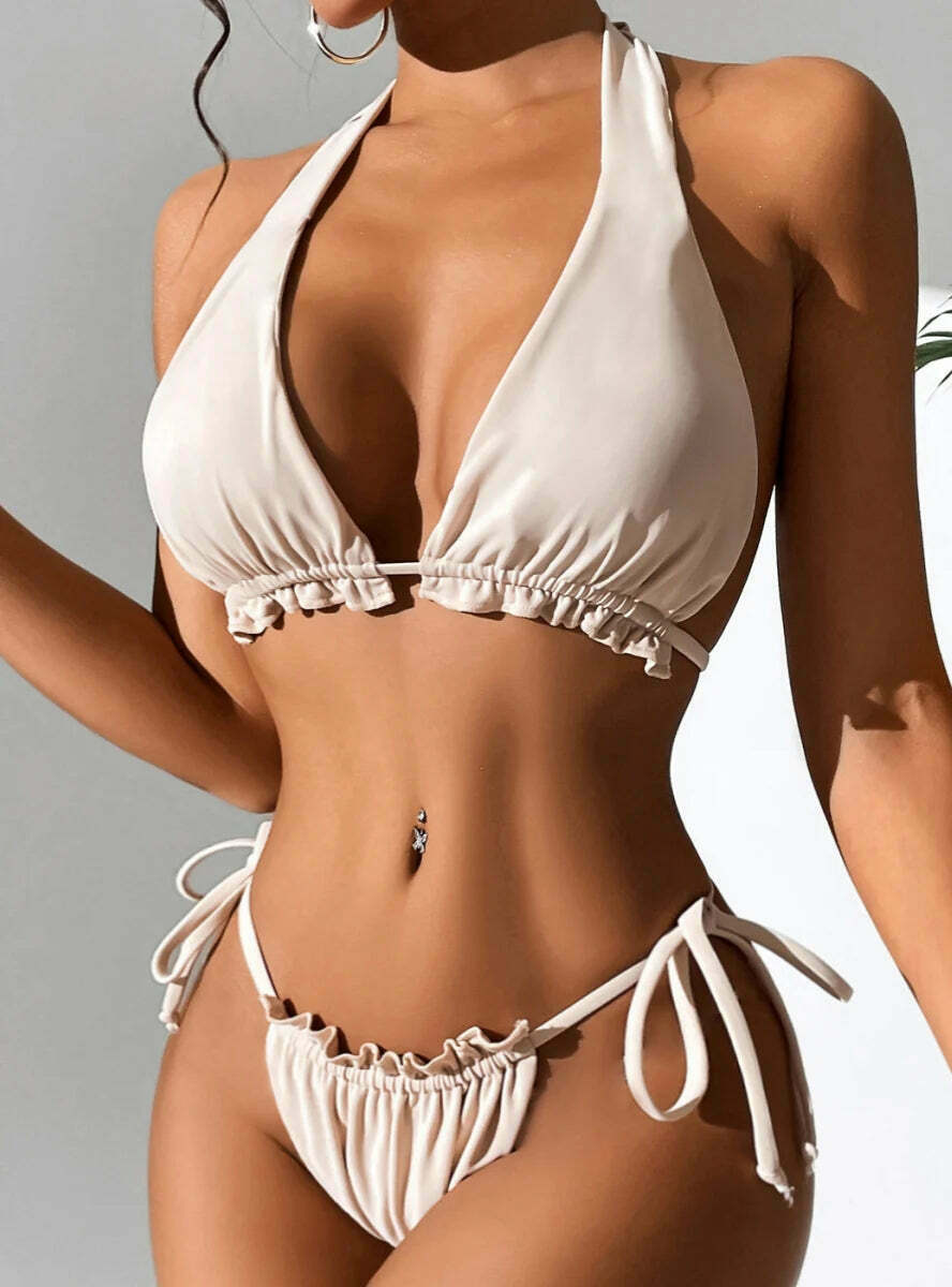 Y2K Aesthetic Solid Color Halter Bikini for Women - Coquette Fashion with Grunge Style and Cute Tops