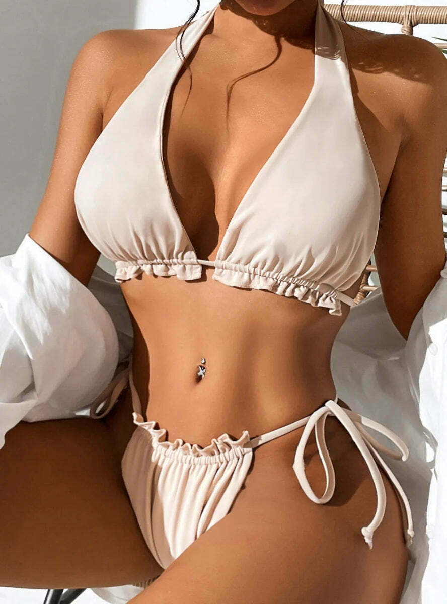 Y2K Aesthetic Solid Color Halter Bikini for Women - Coquette Fashion with Grunge Style and Cute Tops