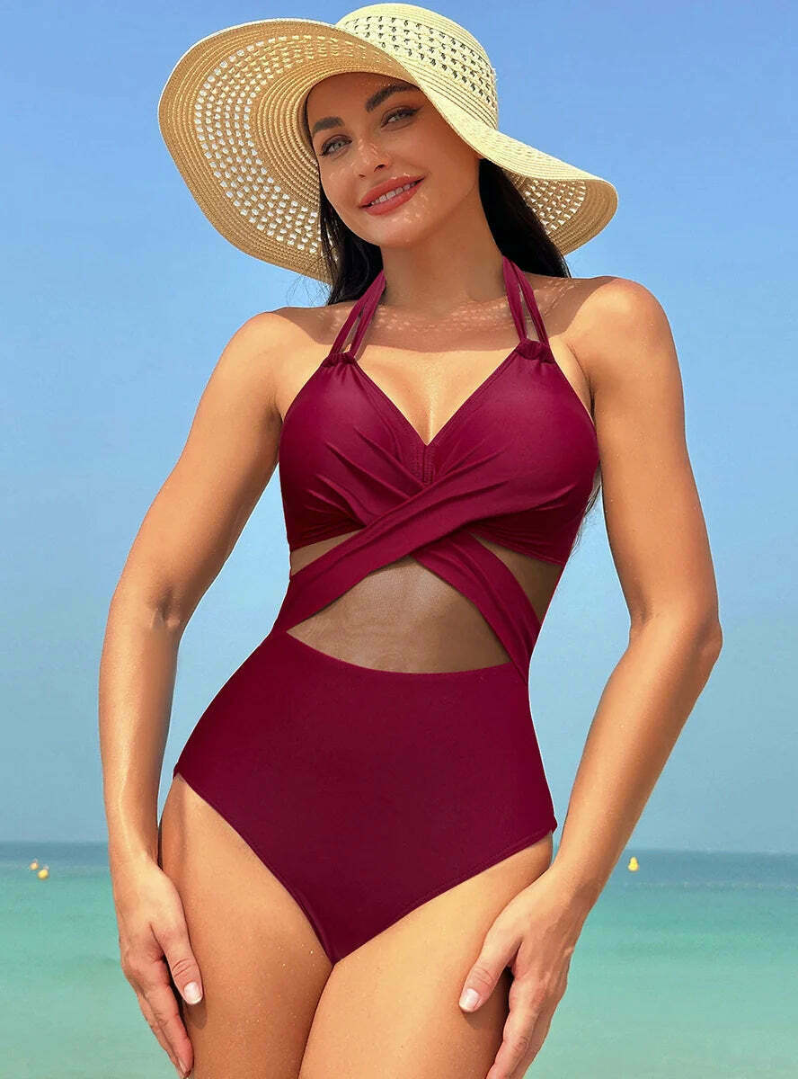 Y2K Aesthetic Solid Color Mesh Bikini Swimsuit - Coquette Style Retro Swimwear