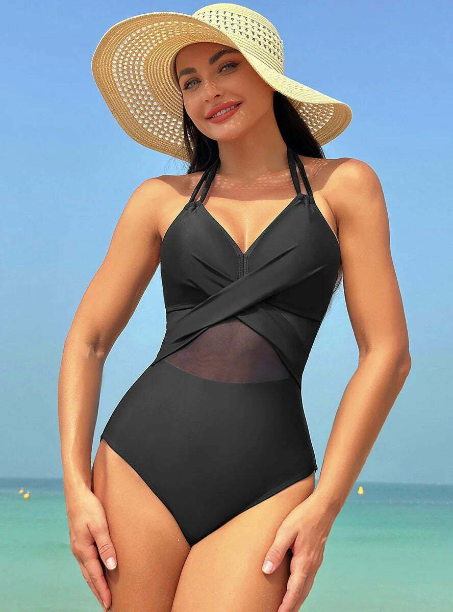 Y2K Aesthetic Solid Color Mesh Bikini Swimsuit - Coquette Style Retro Swimwear
