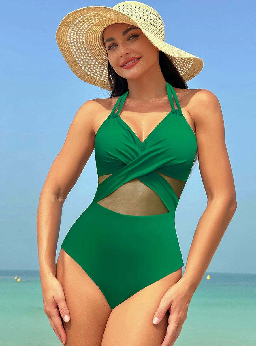 Y2K Aesthetic Solid Color Mesh Bikini Swimsuit - Coquette Style Retro Swimwear