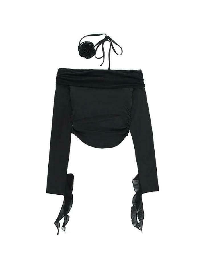 Y2K Aesthetic Solid Color Off Shoulder Curvy Hem Long Sleeve Tee for Women - Coquette & Grunge Style