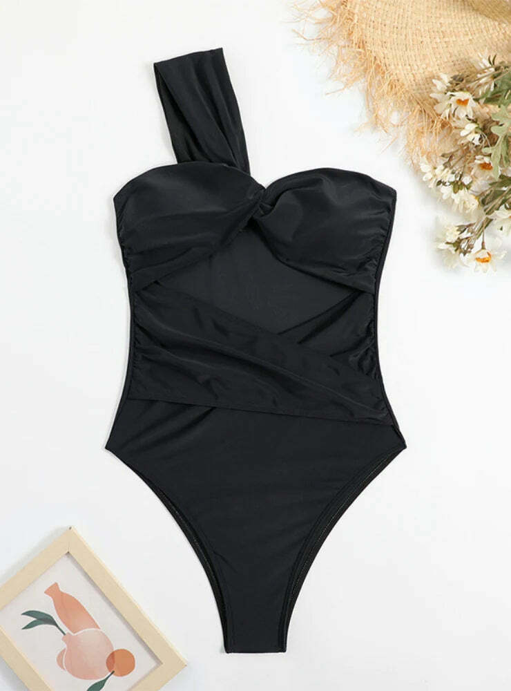 Y2K Aesthetic Solid Color One Shoulder Swimsuit - Retro Coquette Style for Women's Fashion