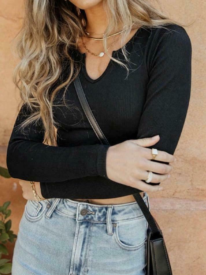 Y2K Aesthetic Solid Color Ribbed V-Neck Long Sleeve Knit Sweater