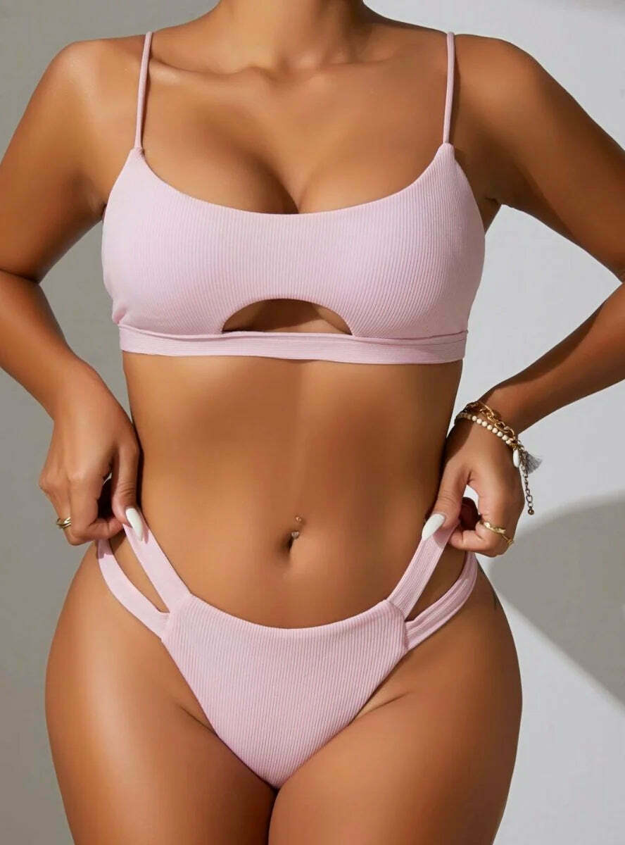 Y2K Aesthetic Solid Color Sexy Hollow Bikini - Coquette Style for Women's Fashion