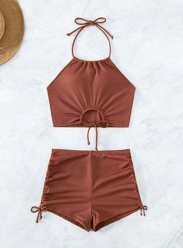 Y2K Aesthetic Solid Color Sling Halter Bikini - Retro Coquette Style for Women's Fashion