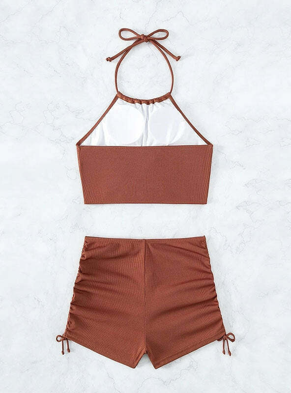 Y2K Aesthetic Solid Color Sling Halter Bikini - Retro Coquette Style for Women's Fashion