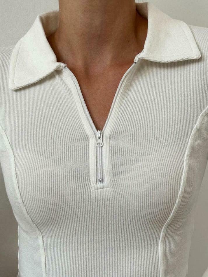 Y2K Aesthetic Solid Color Splice Zipper Lapel Neck Long Sleeve Knit Sweater