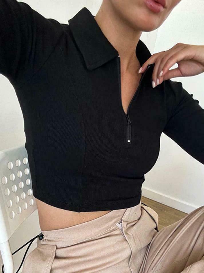 Y2K Aesthetic Solid Color Splice Zipper Lapel Neck Long Sleeve Knit Sweater