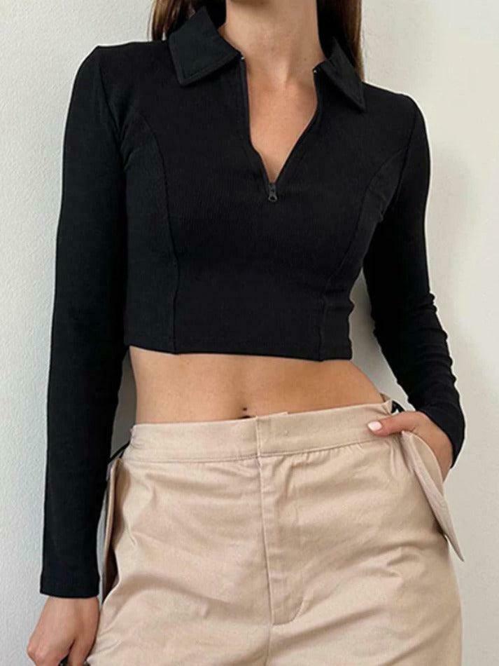 Y2K Aesthetic Solid Color Splice Zipper Lapel Neck Long Sleeve Knit Sweater