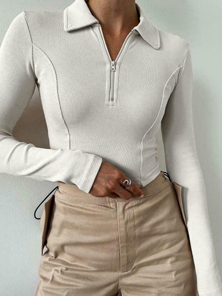 Y2K Aesthetic Solid Color Splice Zipper Lapel Neck Long Sleeve Knit Sweater