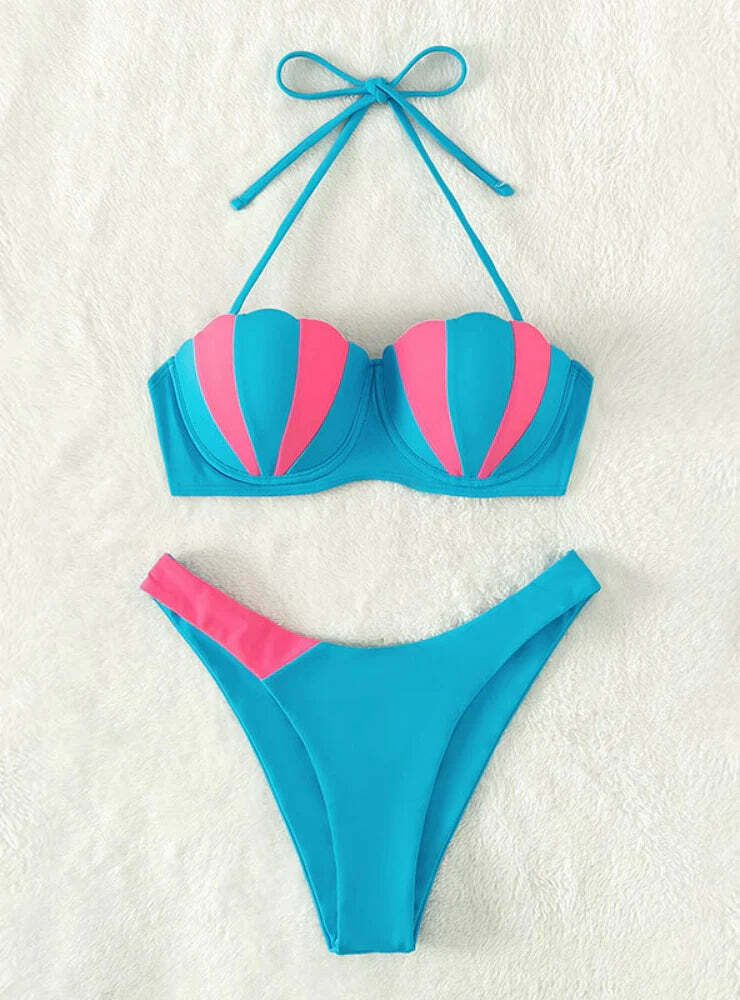 Y2K Aesthetic Solid Color Split Swimsuit with Coquette Style and Grunge Fashion Vibes