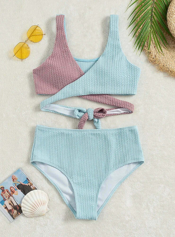 Y2K Aesthetic Solid Color Stitching Cross High Waist Swimsuit