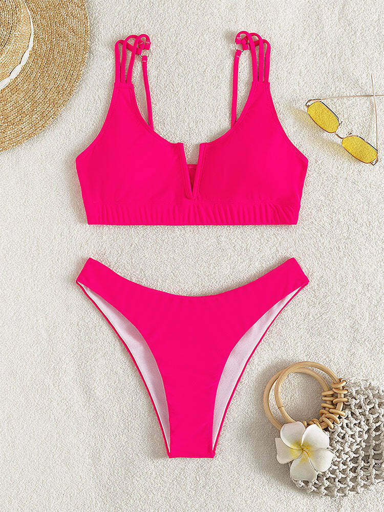Y2K Aesthetic Solid Color V-Neck Bikini - Coquette Style for Women - Grunge & Pastel Goth Fashion