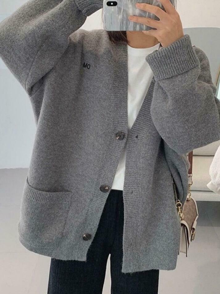 Y2K Aesthetic Solid Color V Neck Loose Cardigan - Coquette Style Grunge Fashion Women's Sweater