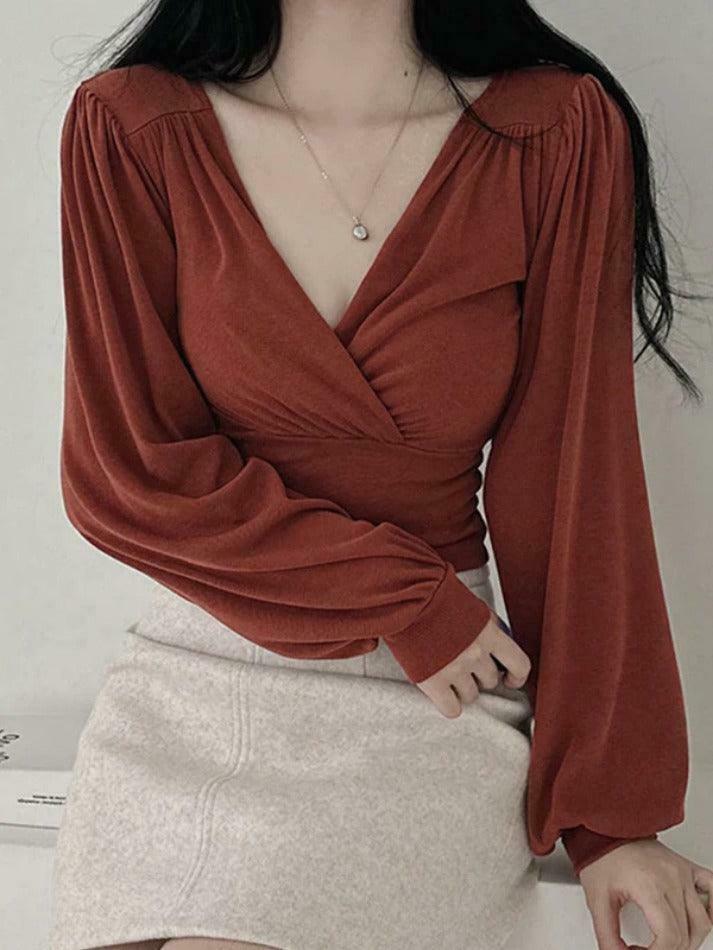 Y2K Aesthetic Solid Crossover Ruched Lantern Sleeve Long Sleeve Tee
