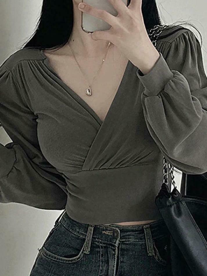 Y2K Aesthetic Solid Crossover Ruched Lantern Sleeve Long Sleeve Tee