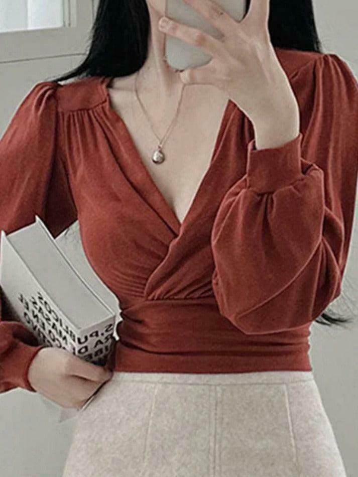 Y2K Aesthetic Solid Crossover Ruched Lantern Sleeve Long Sleeve Tee