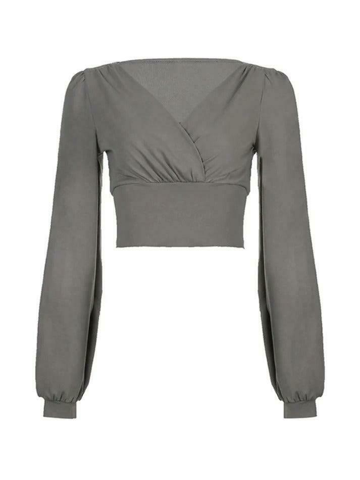 Y2K Aesthetic Solid Crossover Ruched Lantern Sleeve Long Sleeve Tee