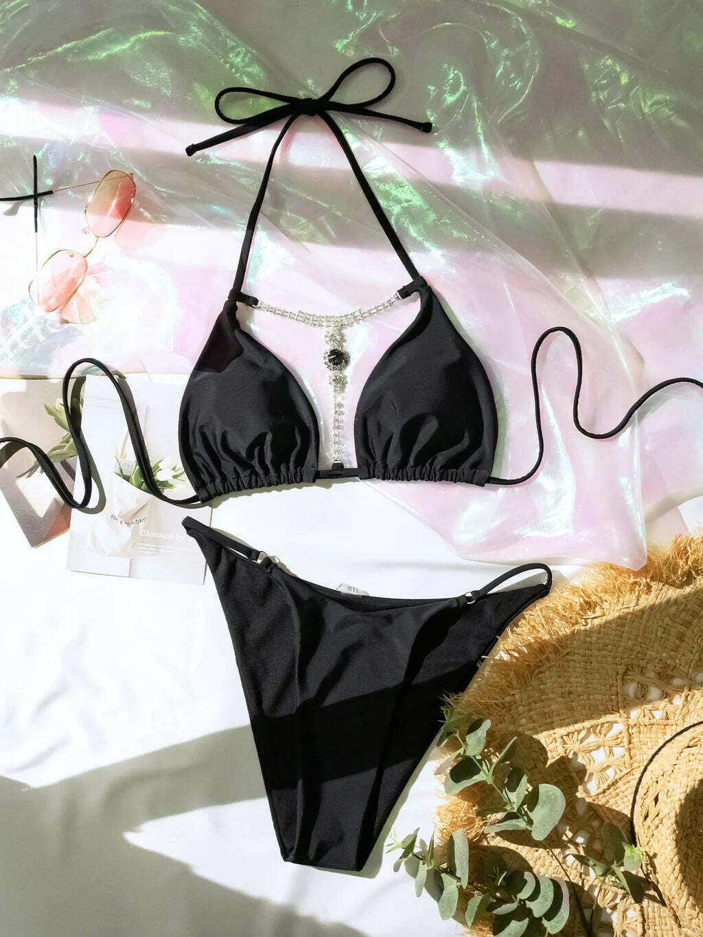 Y2K Aesthetic Solid Crystal Diamond Bikini for Niche Women Fashion
