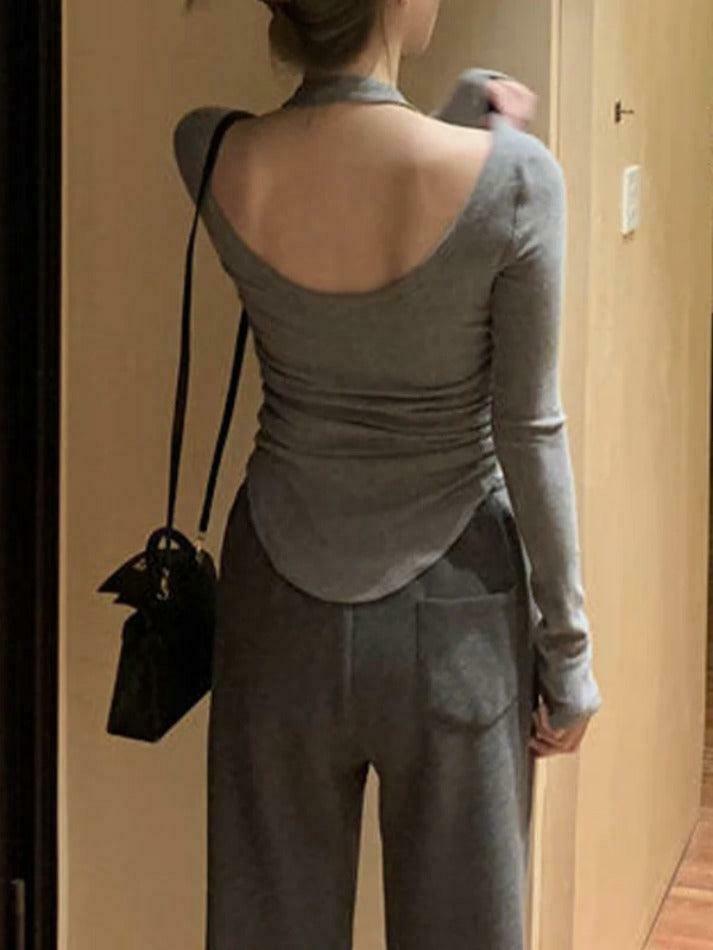 Y2K Aesthetic Solid Halter Backless Curvy Hem Long Sleeve Knit Top for Women