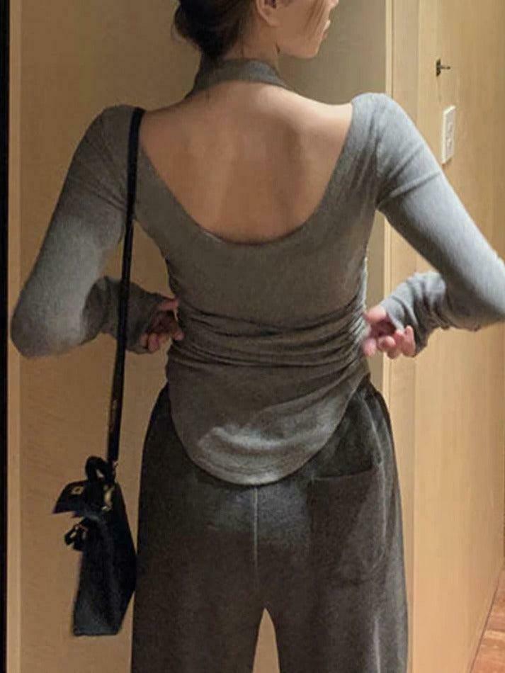 Y2K Aesthetic Solid Halter Backless Curvy Hem Long Sleeve Knit Top for Women