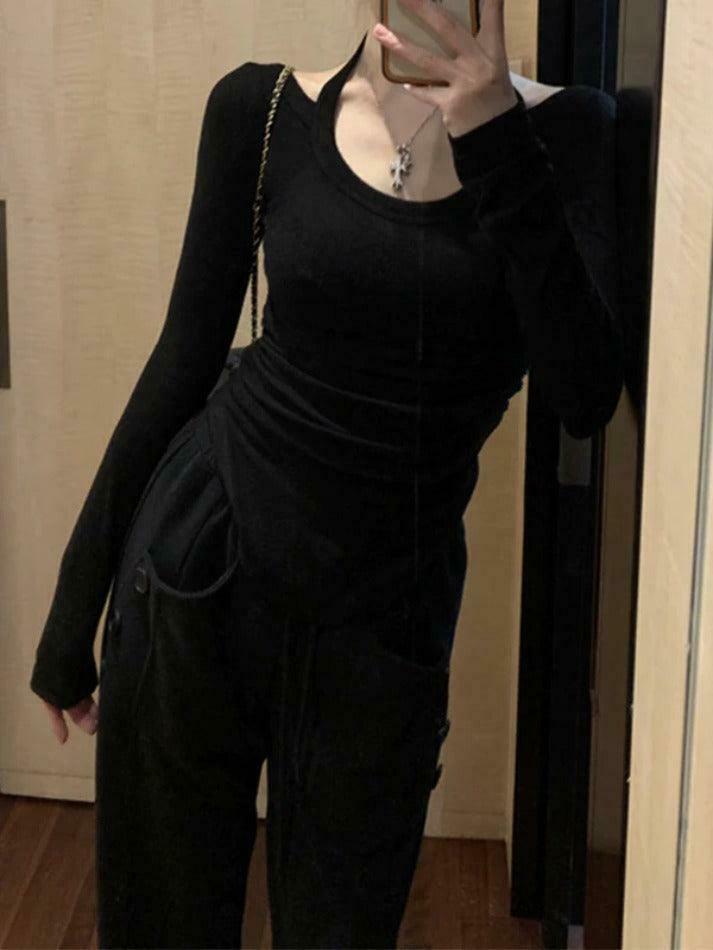Y2K Aesthetic Solid Halter Backless Curvy Hem Long Sleeve Knit Top for Women