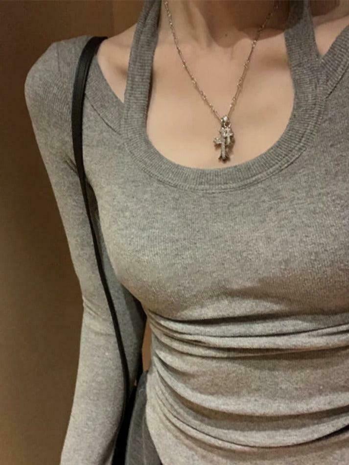 Y2K Aesthetic Solid Halter Backless Curvy Hem Long Sleeve Knit Top for Women