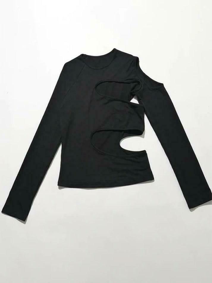 Y2K Aesthetic Solid Hollow Out Crew Neck Long Sleeve Tee