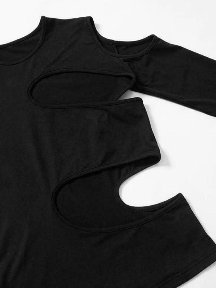 Y2K Aesthetic Solid Hollow Out Crew Neck Long Sleeve Tee