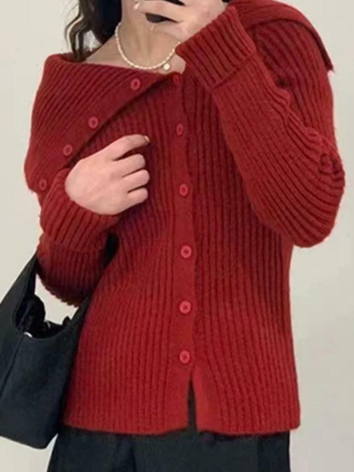 Y2K Aesthetic Solid Irregular Lapel Neck Off Shoulder Long Sleeve Knit
