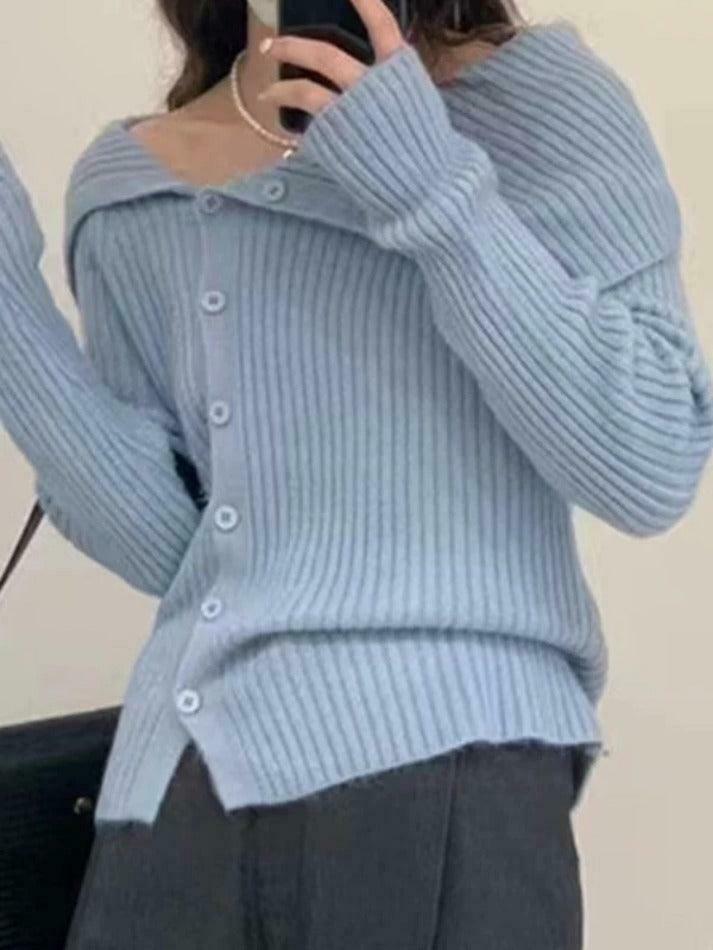 Y2K Aesthetic Solid Irregular Lapel Neck Off Shoulder Long Sleeve Knit