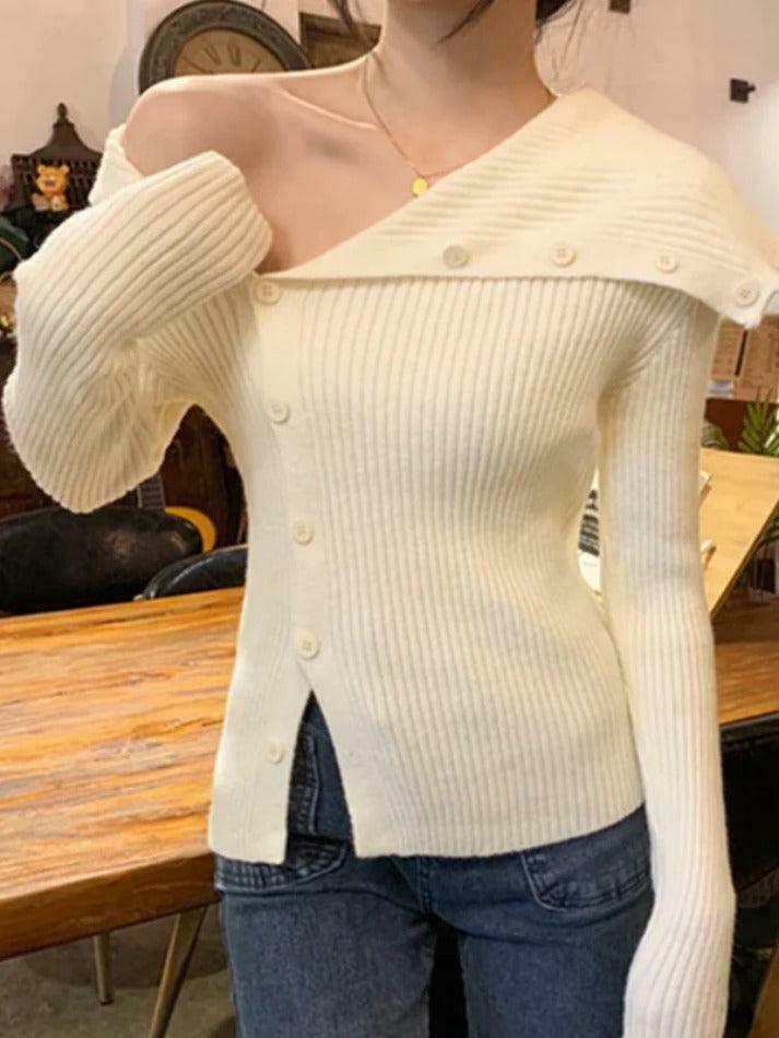 Y2K Aesthetic Solid Irregular Lapel Neck Off Shoulder Long Sleeve Knit