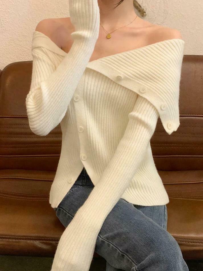 Y2K Aesthetic Solid Irregular Lapel Neck Off Shoulder Long Sleeve Knit