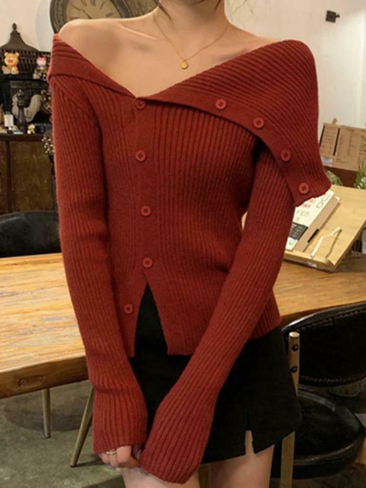 Y2K Aesthetic Solid Irregular Lapel Neck Off Shoulder Long Sleeve Knit