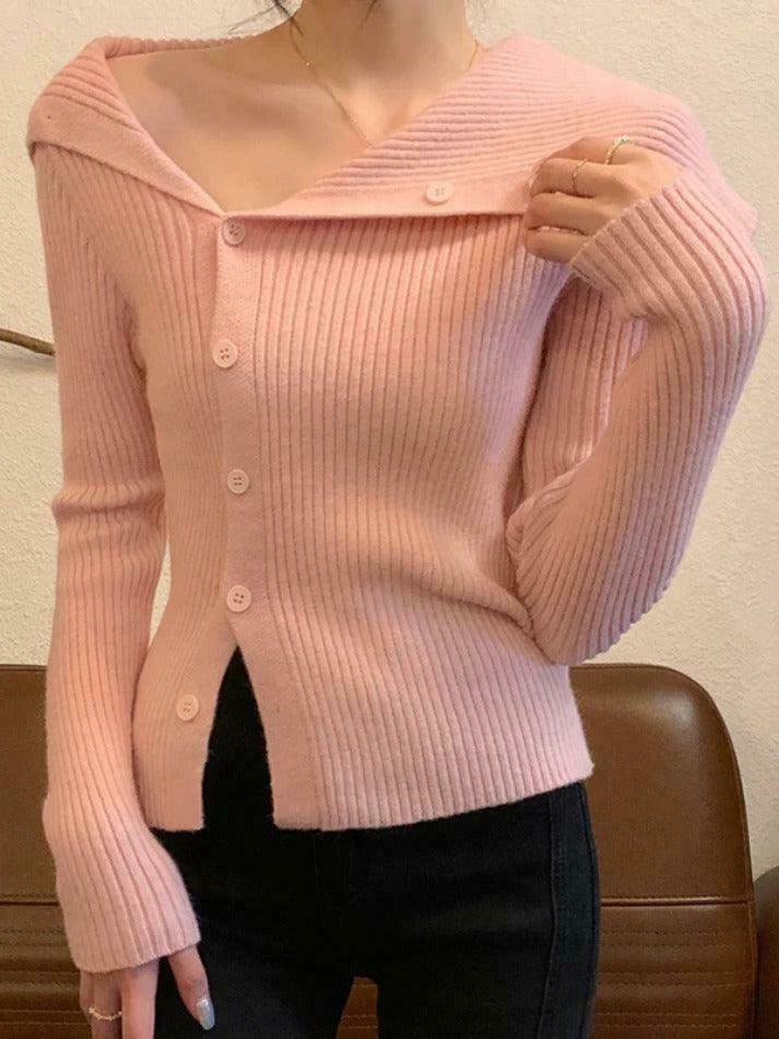 Y2K Aesthetic Solid Irregular Lapel Neck Off Shoulder Long Sleeve Knit