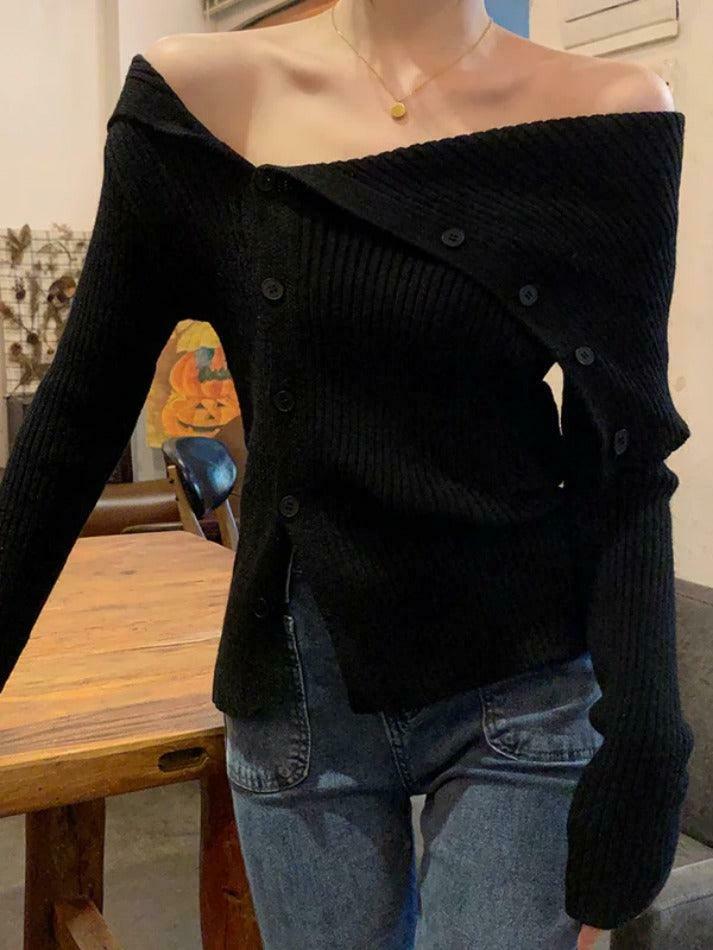 Y2K Aesthetic Solid Irregular Lapel Neck Off Shoulder Long Sleeve Knit
