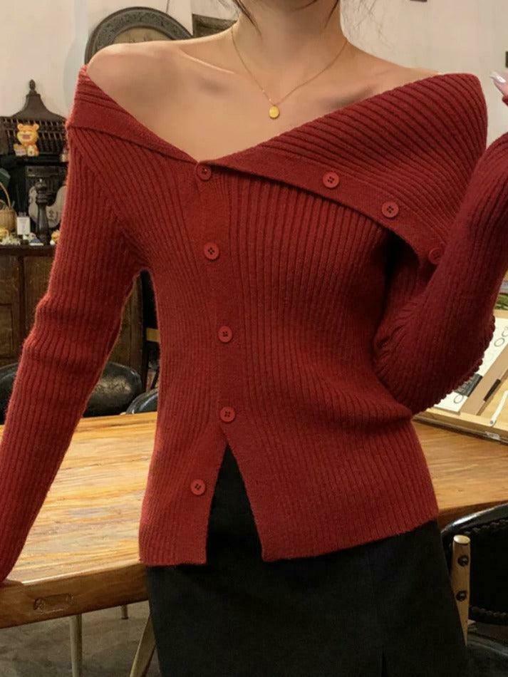 Y2K Aesthetic Solid Irregular Lapel Neck Off Shoulder Long Sleeve Knit