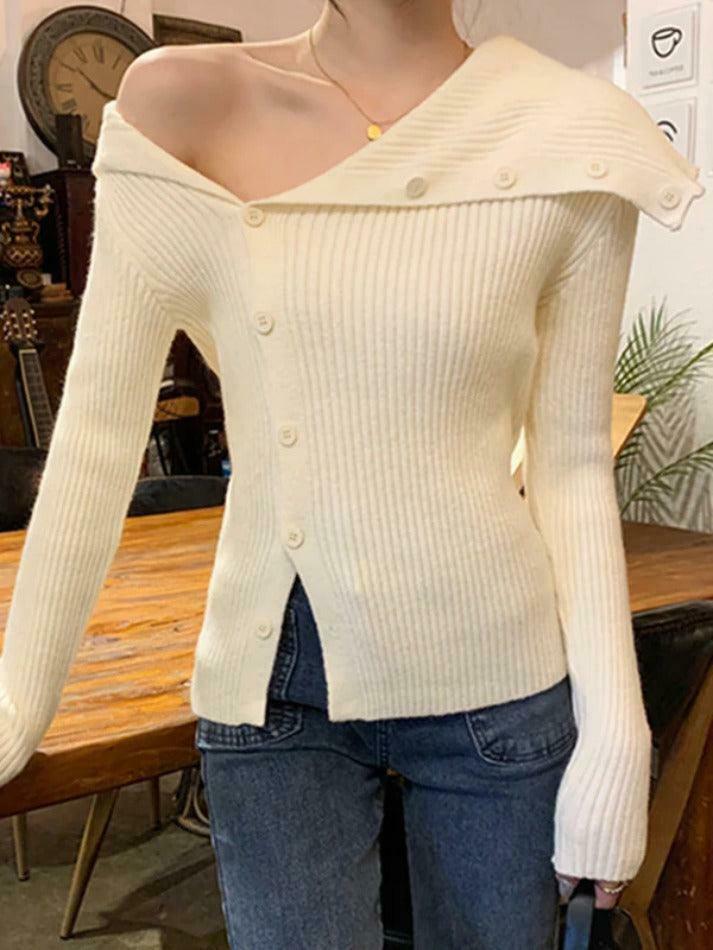 Y2K Aesthetic Solid Irregular Lapel Neck Off Shoulder Long Sleeve Knit