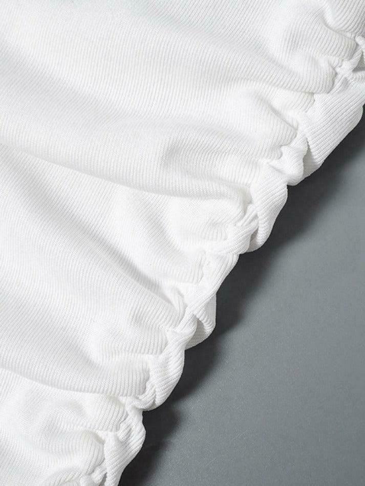 Y2K Aesthetic Solid Off Shoulder Shirred Trumpet Sleeve Long Sleeve Tee