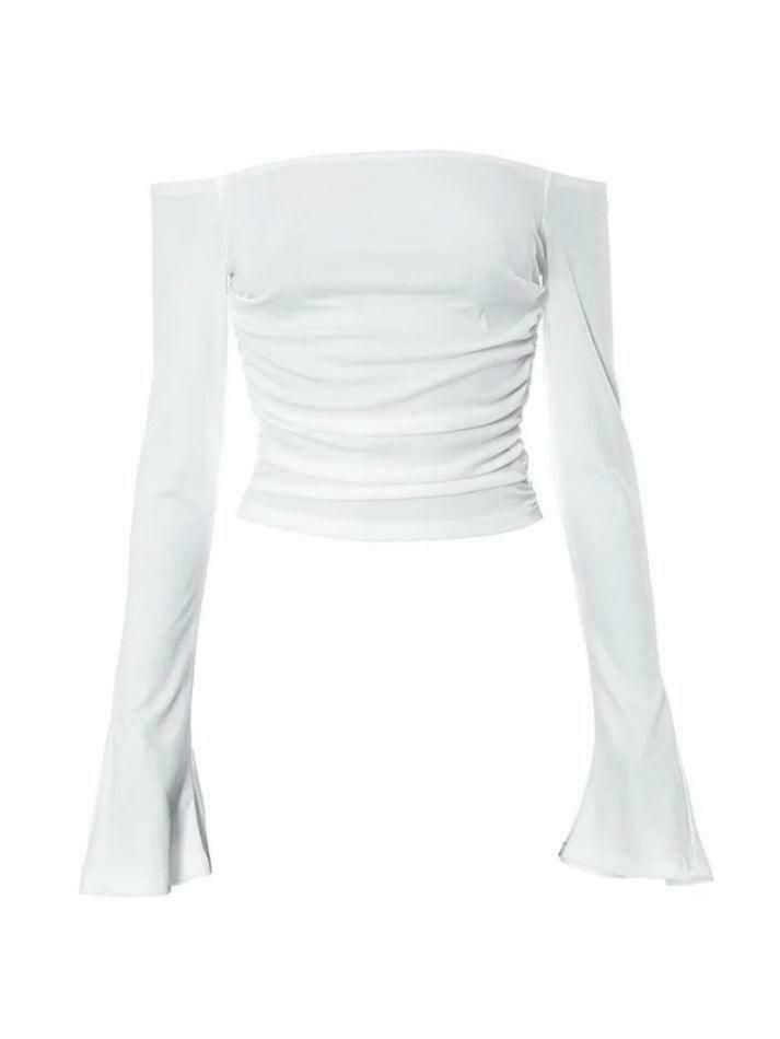 Y2K Aesthetic Solid Off Shoulder Shirred Trumpet Sleeve Long Sleeve Tee
