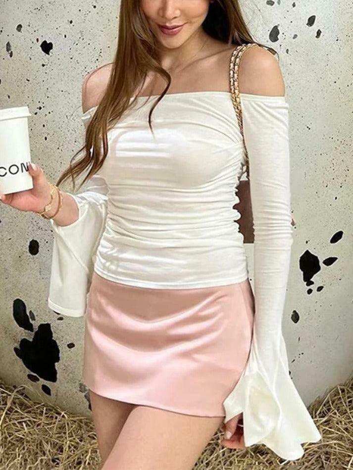 Y2K Aesthetic Solid Off Shoulder Shirred Trumpet Sleeve Long Sleeve Tee