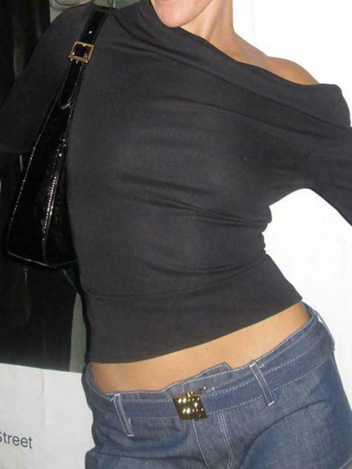 Y2K Aesthetic Solid One Shoulder Long Sleeve Tee for Women - Coquette & Grunge Style Fashion